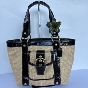 COACH Legacy Natural Straw and Leather Satchel